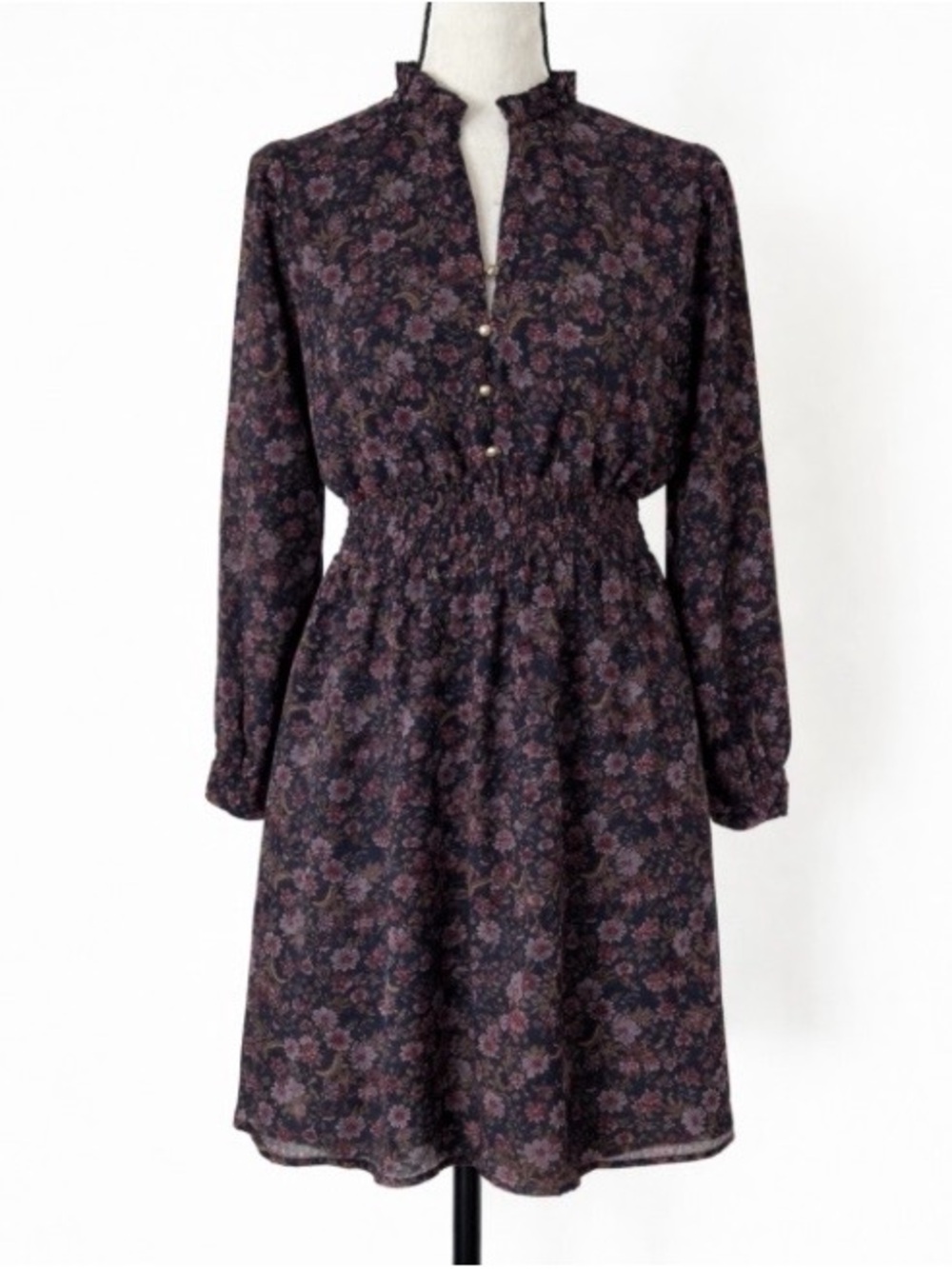 Floral Smocked Waist Modest Dress Long Sleeve Boho Romantic Dark Academia Dress